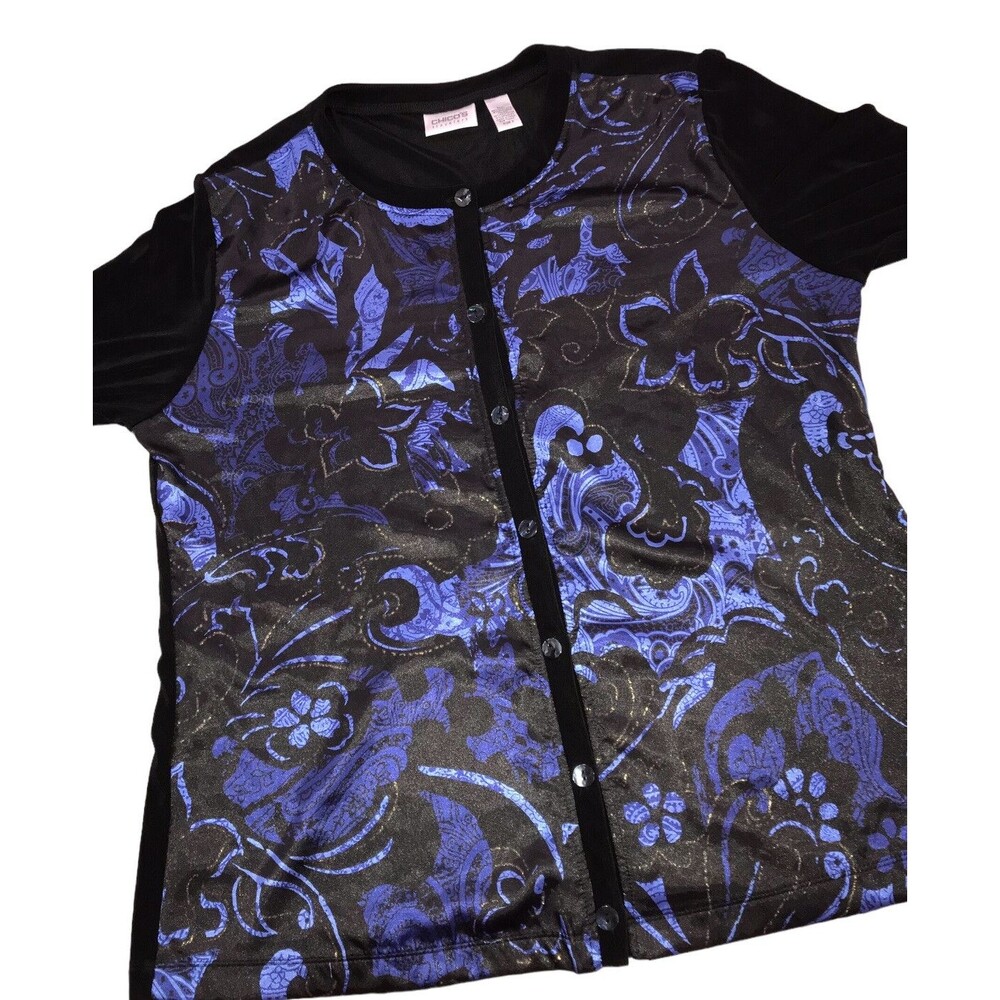 CHICO'S Travelers 3 Sz XL-16 Blue Metallic Button Up Blouse Jacket Women's - Picture 12 of 16